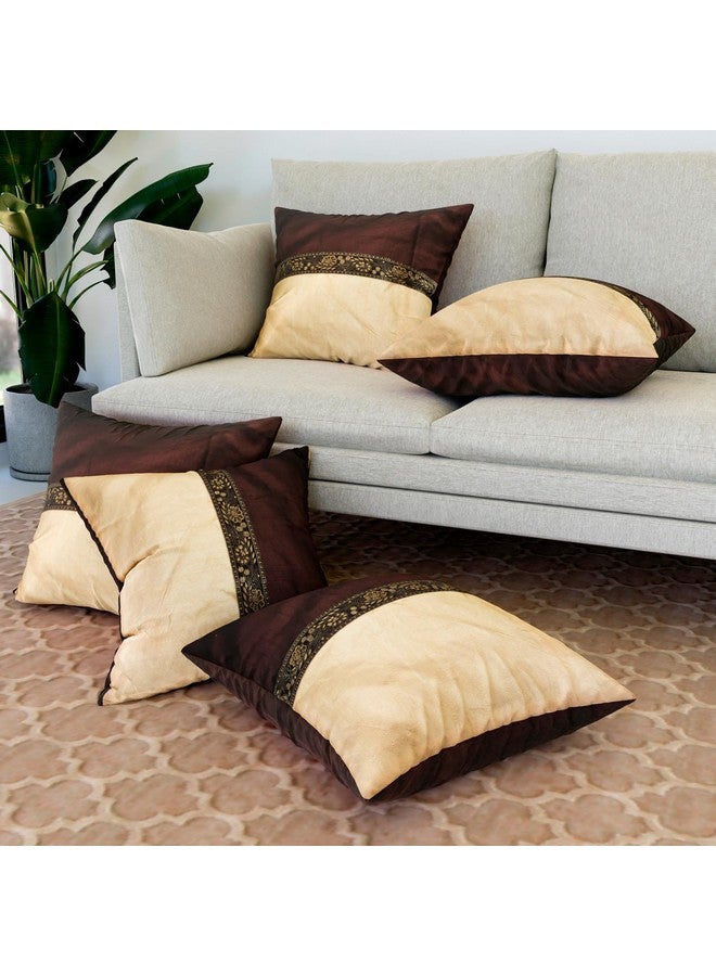 Kuber Industries Cushion Cover | Pillow Covers for Sofa | Throw Cushion Cover | Dupion Polyester Cushion Covers | Center Lace Cushion Covers | Set of 5 | 16 Inch | Brown - Image 1
