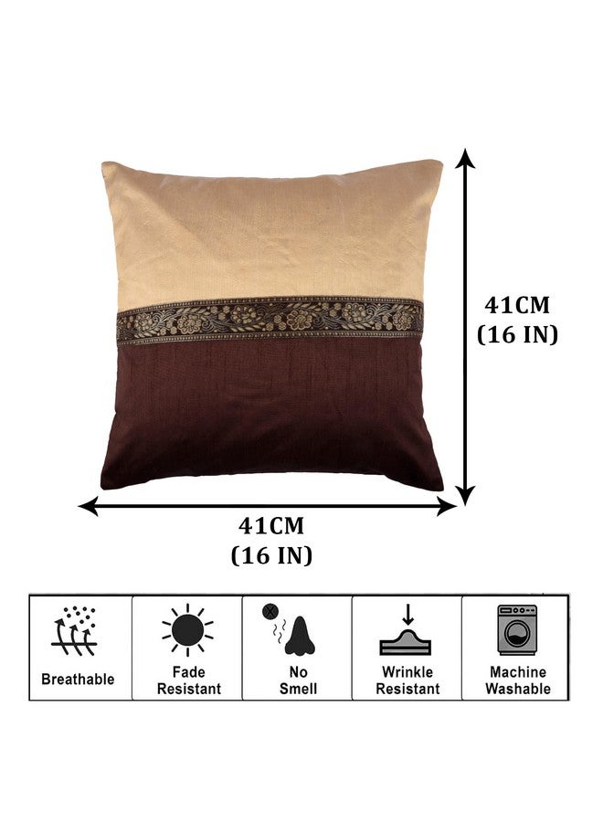 Kuber Industries Cushion Cover | Pillow Covers for Sofa | Throw Cushion Cover | Dupion Polyester Cushion Covers | Center Lace Cushion Covers | Set of 5 | 16 Inch | Brown - Image 3