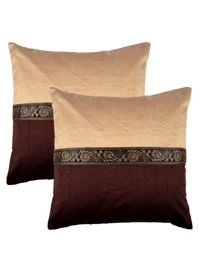 Kuber Industries Cushion Cover | Pillow Covers for Sofa | Throw Cushion Cover | Dupion Polyester Cushion Covers | Center Lace Cushion Covers | Set of 5 | 16 Inch | Brown - Image 2