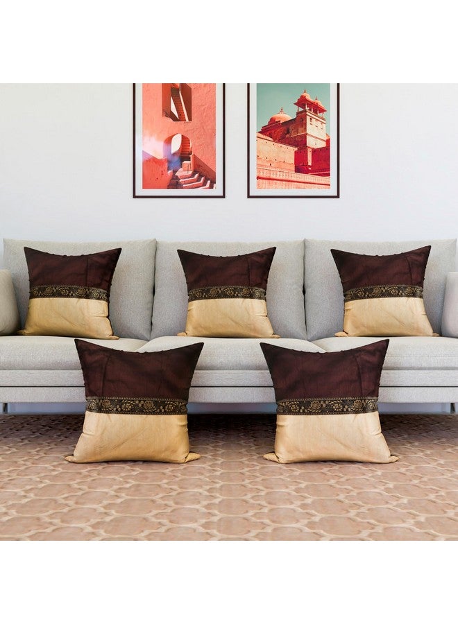 Kuber Industries Cushion Cover | Pillow Covers for Sofa | Throw Cushion Cover | Dupion Polyester Cushion Covers | Center Lace Cushion Covers | Set of 5 | 16 Inch | Brown - Image 4
