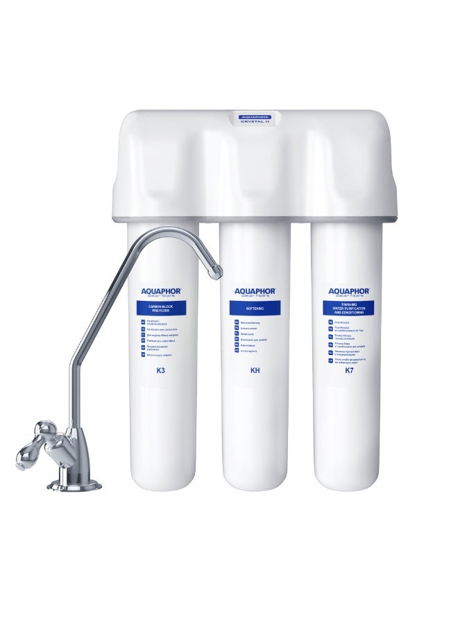 Aquaphor Crystal H Under-Counter Water Filter System, 6000L Capacity with 2L/Min Flow Rate, 3-Stage Carbon Block & Softening Filtration Removes Chlorine, Heavy Metals & Hard Water Minerals, Compact Design with Faucet, Easy Installation, Water Purifier for Home Use - Image 1