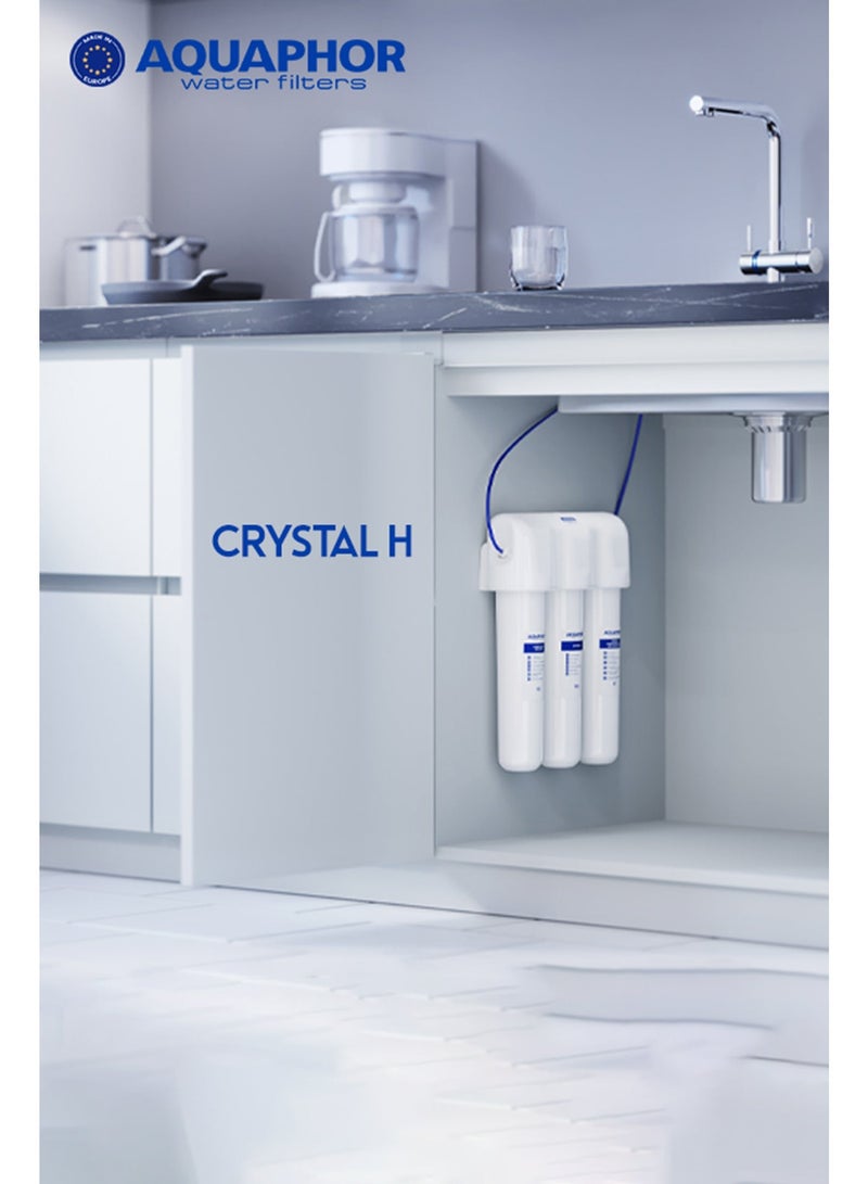 Aquaphor Crystal H Under-Counter Water Filter System, 6000L Capacity with 2L/Min Flow Rate, 3-Stage Carbon Block & Softening Filtration Removes Chlorine, Heavy Metals & Hard Water Minerals, Compact Design with Faucet, Easy Installation, Water Purifier for Home Use - Image 2