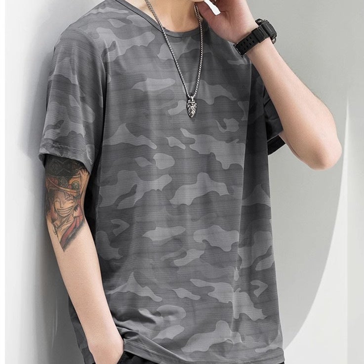 Generic Short-sleeved T-shirt Mens Spring and Summer Sports Casual Wear Camouflage Crewneck Quick-drying Lovers Breathable Slim-fit Sports Top T-shirt Dark gray - Image 1