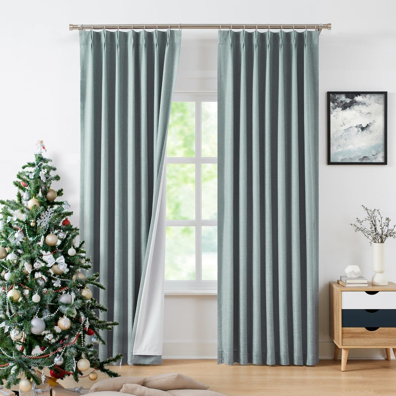 WEST LAKE Short Bailey Pinch Pleated Blackout Curtain Panels with Liners 63 Inches Long for Bedroom Mineral Green Textured Fabric Drapes with Back Tabs Thermal Insulating Window Treatment 40""Wx63""Lx2 - Image 1