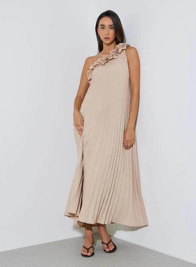 ستايلي Beige Ruffled Asymmetric Shoulder Maxi Dress