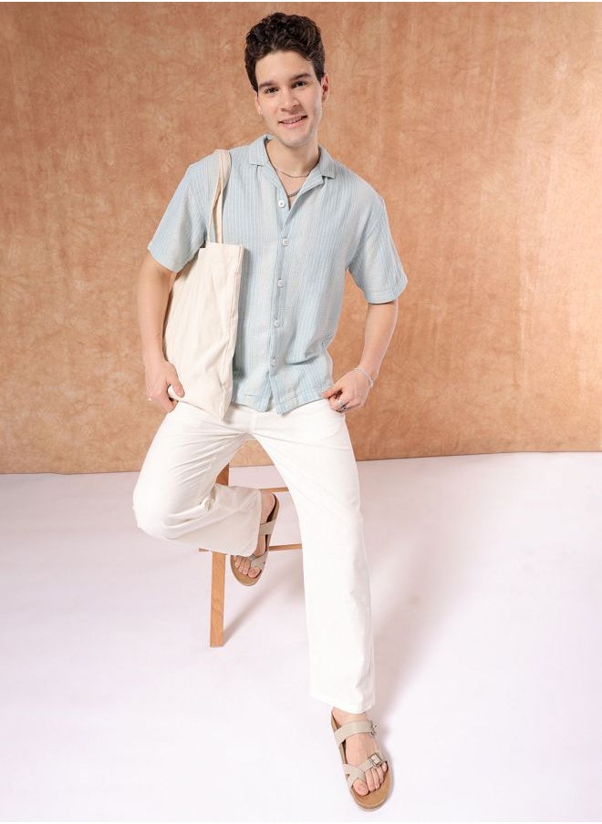 The Indian Garage Co Men Relaxed Fit Striped Half Sleeves Cuban Collar Resort Wear Shirt  - Image 5