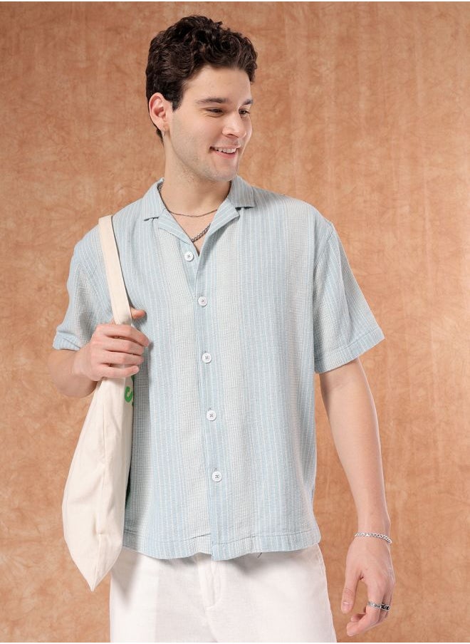 The Indian Garage Co Men Relaxed Fit Striped Half Sleeves Cuban Collar Resort Wear Shirt  - Image 1