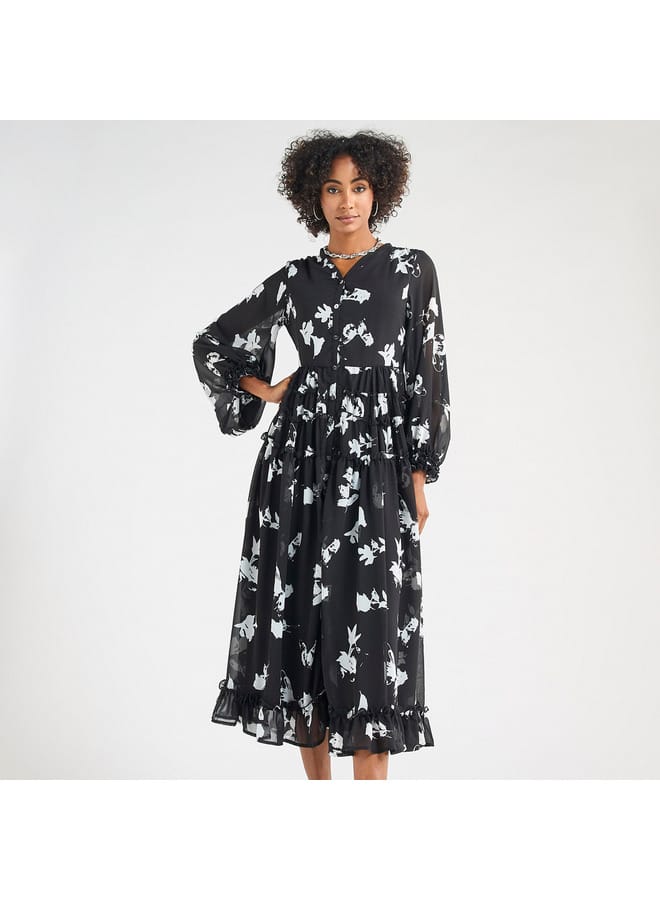 Splash FAV Floral Print Midi Shirt Dress with Long Sleeves  - Image 1