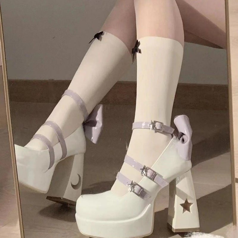 Bow Elegant Socialite High Heeled Shoes Women'S 2024 Spring New Chunky Heeled Retro Mary Jane Small Leather Shoes Loli Shoes - Image 3