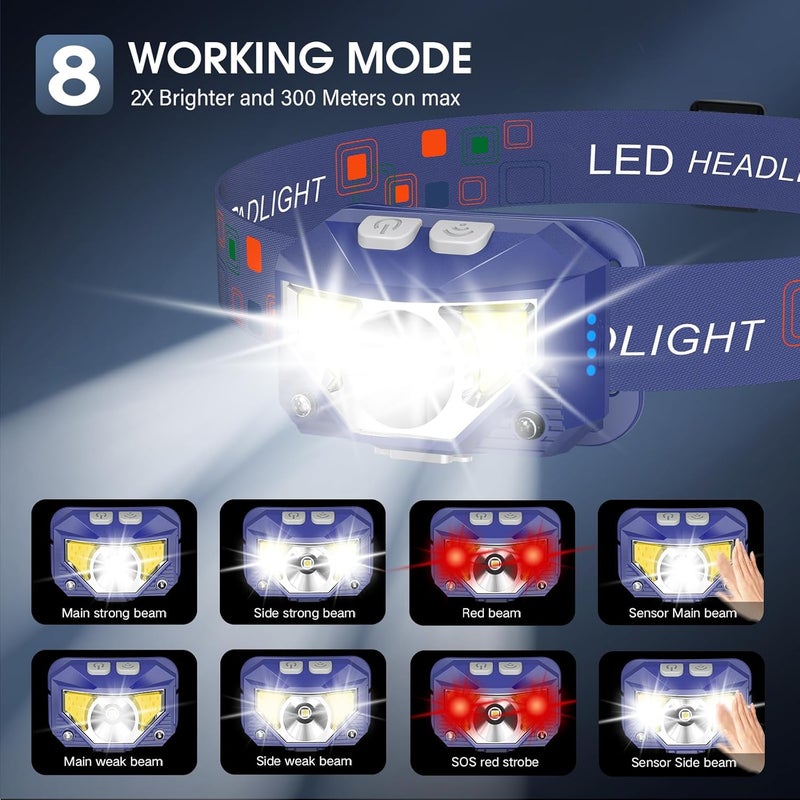 LHKNL مصباح رأس LHKNL، مصباح يدوي، LED ساطع وخفيف جدًا، قابل لإعادة الشحن، بأضواء بيضاء وحمراء، عبوة تحتوي على 2 مصباح، مزود بمستشعر حركة مقاوم للماء، يحتوي على 8 أوضاع مختلفة للاستخدام في التخييم، الجري، التنزه، والصيد في الهواء الطلق – اللون الأزرق. - Image 4