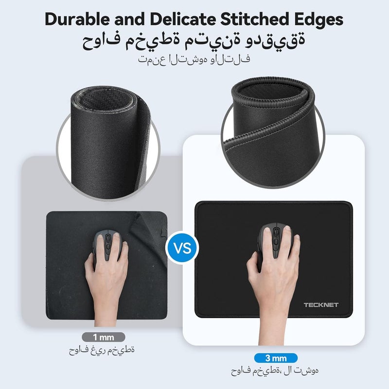 TECKNET Mouse Pad with Anti-fray Stitching, Waterproof Surface & Non-Slip Rubber Base with Stitched Edges Gaming Mouse Mat for Laptop，Compatible with Laser and Optical Mice - Black - Image 2