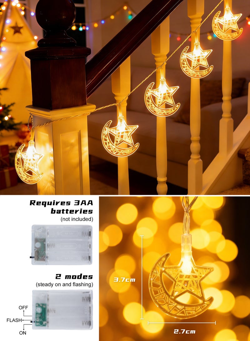 نكومي ديكورات رمضان المنزلية، إضاءة رمضان 10 أمتار 80 مصباحًا تعمل بالبطارية نجوم وقمر وأضواء متلألئة بيضاء دافئة (إصدار النجوم والقمر) - Image 3
