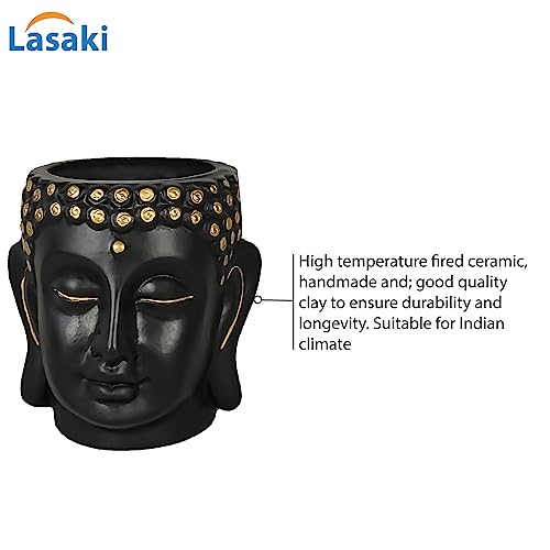 Lasaki Buddha Head Black 6-inch Ceramic Pots for Indoor & Outdoor Plants | Decorative Balcony, Garden & Office Succulent Pot | Unique Spiritual Gamla Plant Holder (H -15.5 X D-16 Cm) - Image 3