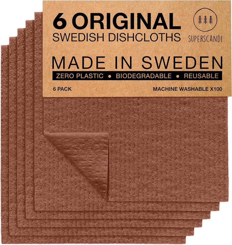 سوبر سكاندي حزمة من 6 مناديل مائدة سويدية من SUPERSCANDI للمطبخ - مناديل ورقية قابلة للتحلل البيولوجي والتسميد بنسبة 100%، قابلة لإعادة الاستخدام، آمنة للطعام وخالية من البلاستيك، لون بني - Image 1