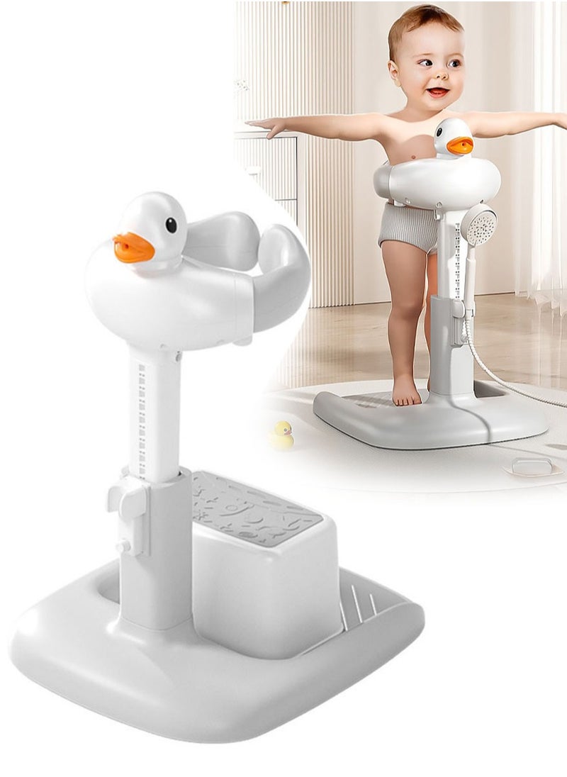 MissTiara Baby Shower Stand with Small Stool, Adjustable Height Duck Bathing Station with Non-slip Base, Portable Bathing Assistant, Smart Water Flow Hug Tower Bath Shower Stand, Hugable Bear Bathing Stand for Infants and Toddlers  - Image 1