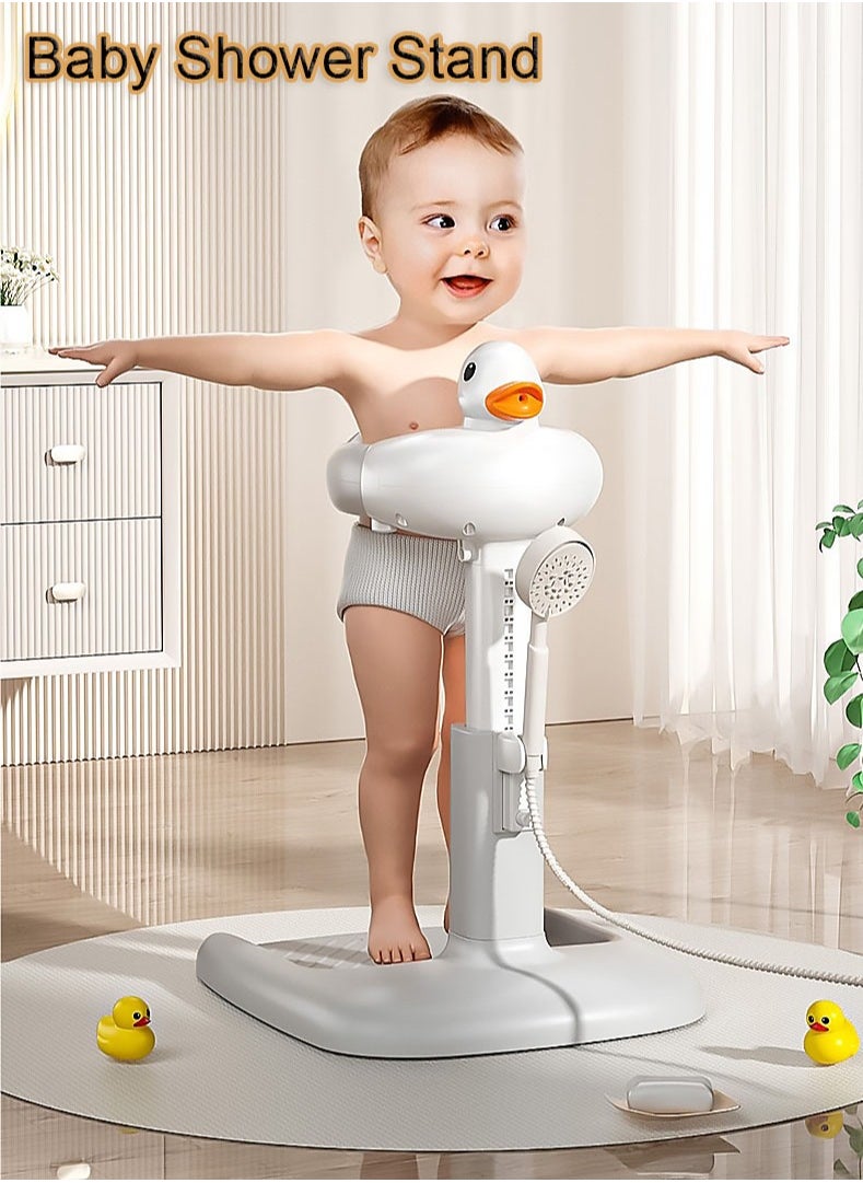 MissTiara Baby Shower Stand with Small Stool, Adjustable Height Duck Bathing Station with Non-slip Base, Portable Bathing Assistant, Smart Water Flow Hug Tower Bath Shower Stand, Hugable Bear Bathing Stand for Infants and Toddlers  - Image 2