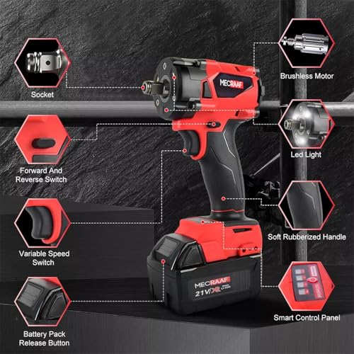 MECRAAF® 21v Brushless Cordless Impact Wrench Compact 1/2" drive High Torque | 350Nm | 3000RPM | 2x 21v Battery & Fast Charger | sockets, drill bits and screw bits kit | 6 months motor warranty - Image 2