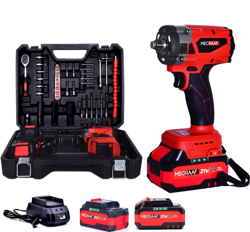 MECRAAF® 21v Brushless Cordless Impact Wrench Compact 1/2" drive High Torque | 350Nm | 3000RPM | 2x 21v Battery & Fast Charger | sockets, drill bits and screw bits kit | 6 months motor warranty - Image 1