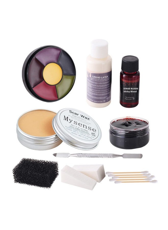 Mysense Liquid Latex Scar Wax Sfx Makeup Kit For Fake Scars Wounds Burns With 6 Color Bruise Wheel Face Body Paint Stage Blood Coagulated Blood Gel And Spatula Sponges Qtips  - Image 1