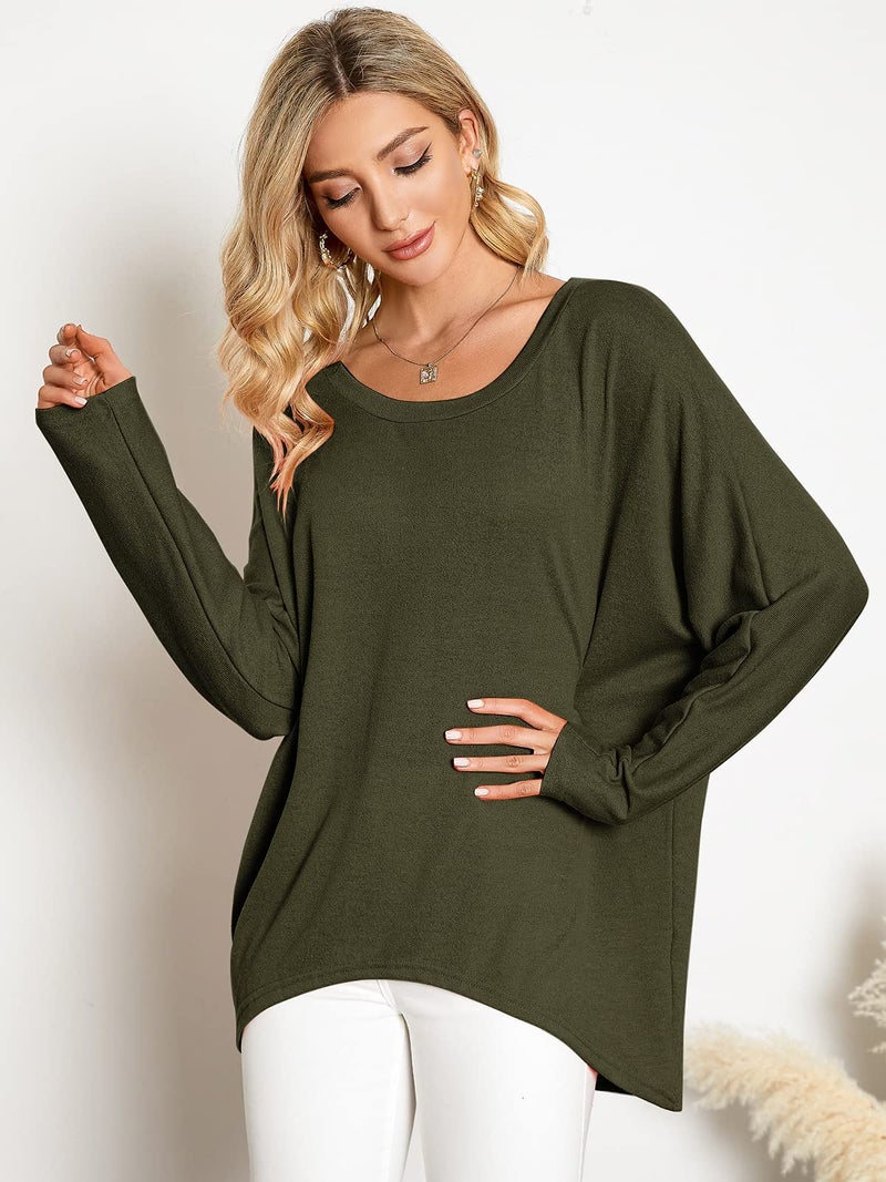 ZANZEA Women's Off The Shoulder Batwing Tops Casual Loose Oversized Tshirts Long Sleeve Fall Pullover Sweater Tops Army Green L - Image 3