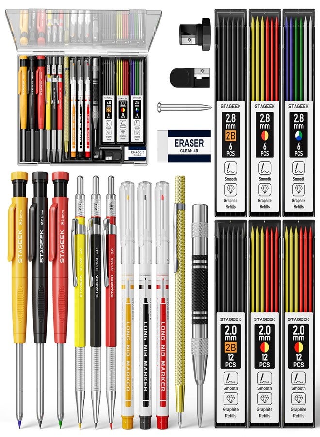 STAGEEK 22 Pack Carpenter Pencil Set with Sharpener, Mechanical Carpenter Pencils with 60 Refills, Deep Hole Long-Nib Marker Pens, Carbide Scribe Tool & Construction Pencils for Architect with Case - Image 1