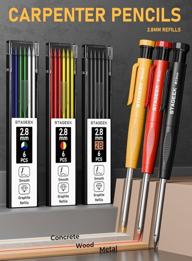 STAGEEK 22 Pack Carpenter Pencil Set with Sharpener, Mechanical Carpenter Pencils with 60 Refills, Deep Hole Long-Nib Marker Pens, Carbide Scribe Tool & Construction Pencils for Architect with Case - Image 2