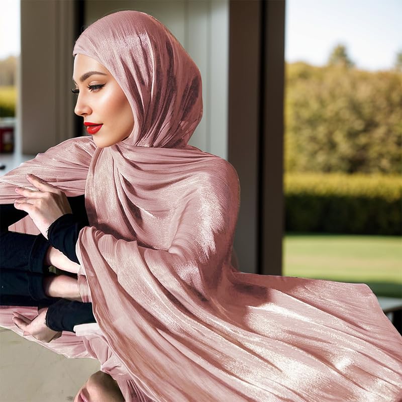 HURESON Women Premium Hijab Head Scarf Lightweight Shimmer hijabs Scarves Crepe Wedding Shawls and Wraps for Evening Dresses Shiny (Deep Pink 12#) - Image 4
