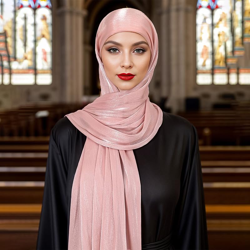 HURESON Women Premium Hijab Head Scarf Lightweight Shimmer hijabs Scarves Crepe Wedding Shawls and Wraps for Evening Dresses Shiny (Deep Pink 12#) - Image 3