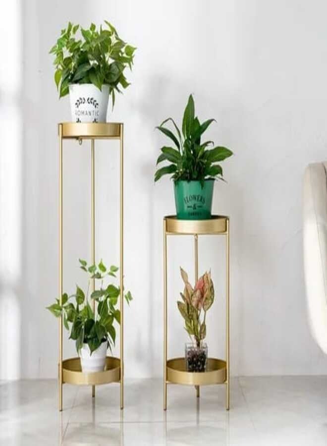 Flower Pot Stand Indoor Double Tiered Plant Stand Metal Plant Pot Stand Rack Classic Flower Display Shelf Holder With Modern Design,For Indoor Outdoor Home Patio Balcony Living Room Flower Gold