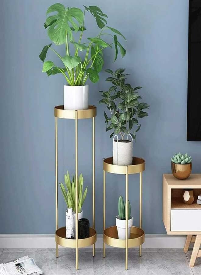 Flower Pot Stand Indoor Double Tiered Plant Stand Metal Plant Pot Stand Rack Classic Flower Display Shelf Holder With Modern Design,For Indoor Outdoor Home Patio Balcony Living Room Flower Gold