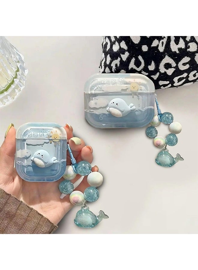 Cute Whale Case for AirPods 3,Kawaii 3D Cartoon Dolphin Ocean Pattern with Pearl Bracelet Keychain for Women Girl,AirPods 3 Case Earphone Case Shockproof Protective Cover for AirPod 3rd Generation - Image 3