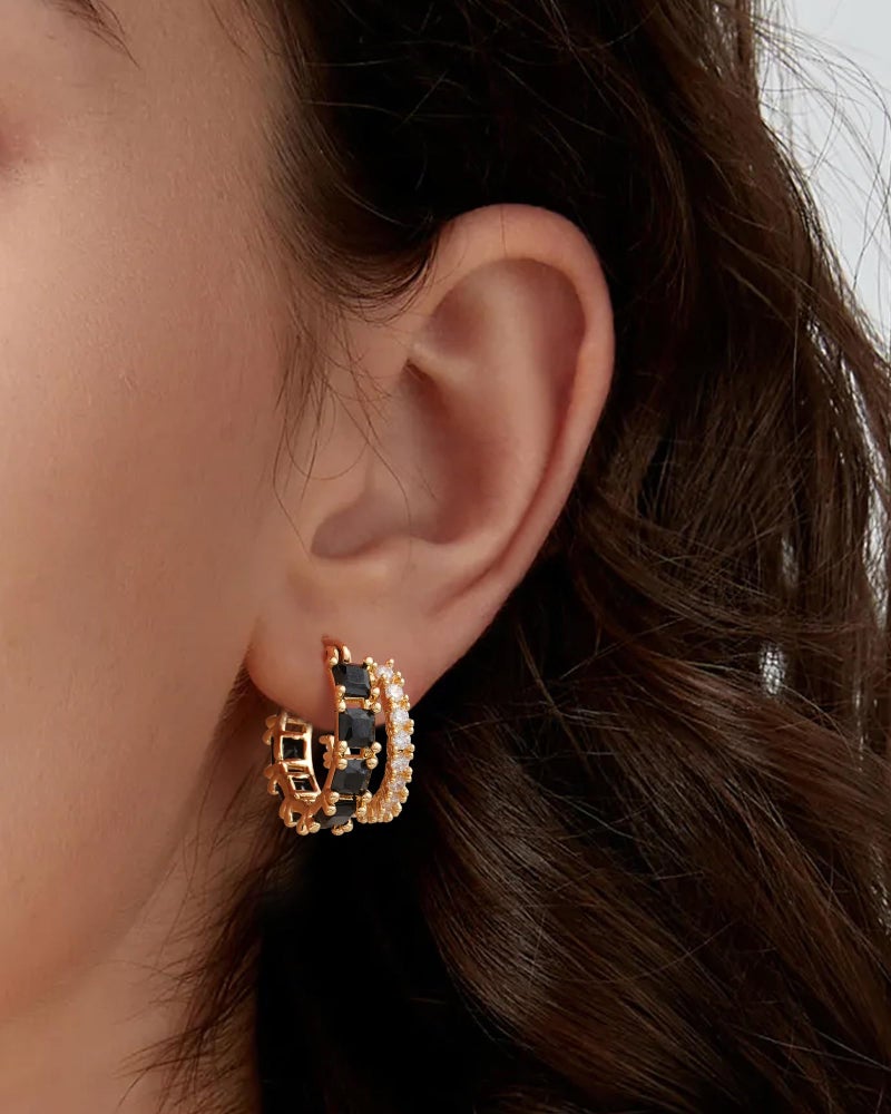 Mesovor Gold Zircon Double Hoop Earrings for Women, 14K Gold Plated Square Colored Cubic Zirconia Hoops Earrings Jewelry Gifts (Black) - Image 3