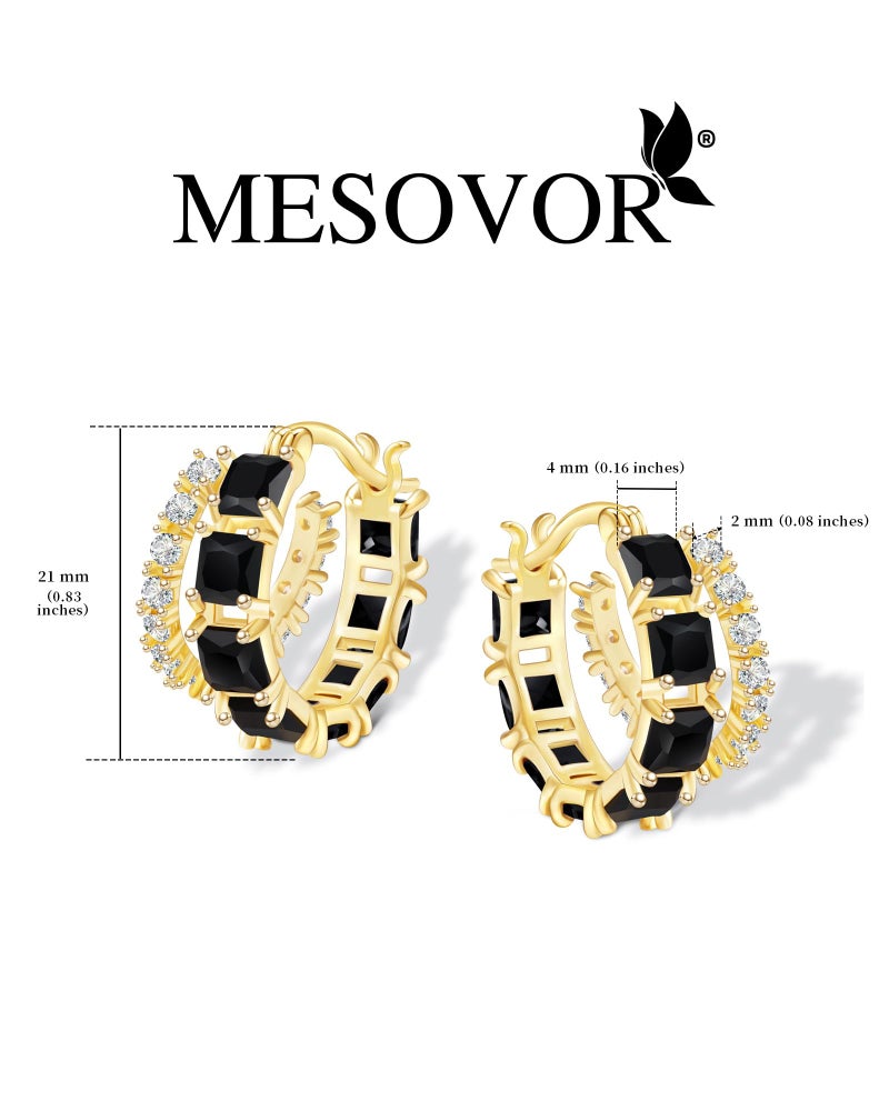 Mesovor Gold Zircon Double Hoop Earrings for Women, 14K Gold Plated Square Colored Cubic Zirconia Hoops Earrings Jewelry Gifts (Black) - Image 2
