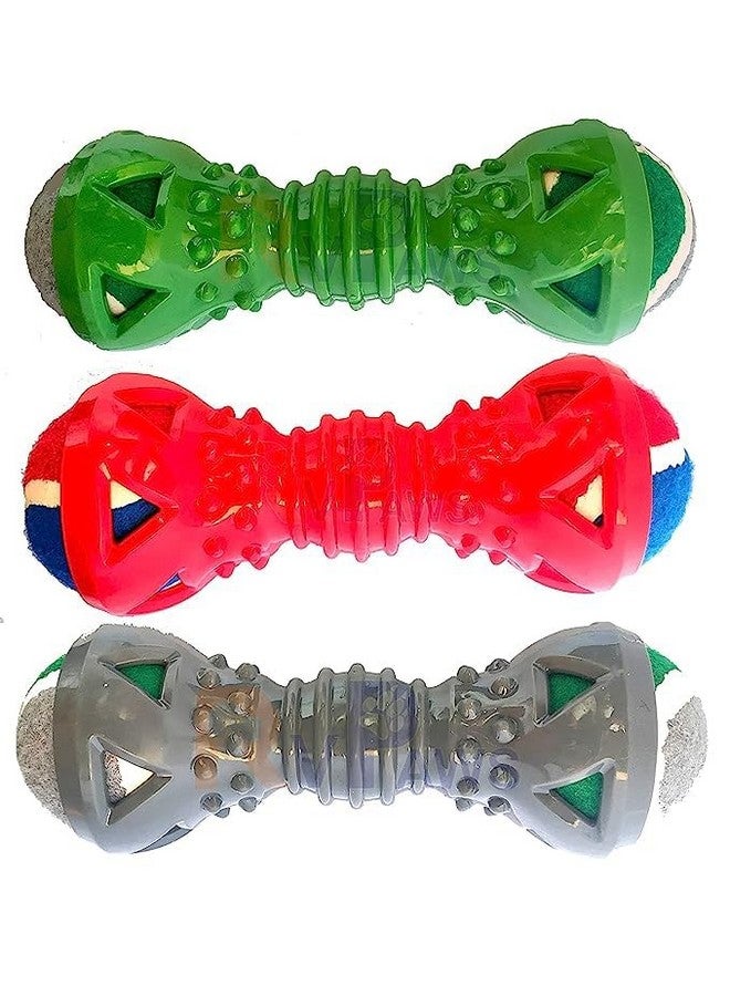 Natural Rubber Dumbell Shaped Interactive Chew Toy With Tenish Ball Ideal For Dental Cleaning Dogs And Puppies - Multicolor (Pack Of 1) - Image 1