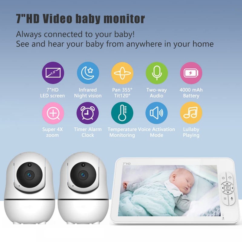 شاشة FHD مقاس 7 بوصات، كاميرا فائدة دقة 1080P، رؤية ليلية بالأشعة تحت الحمراء، زوم واتجاهات دوران وتحريك عن بعد، كشف درجة الحرارة، محادثة ثنائية الاتجاه، أغانى تنويم، ساعة تنبيه، كاميرا واحدة تقودين كاميرتين - Image 4