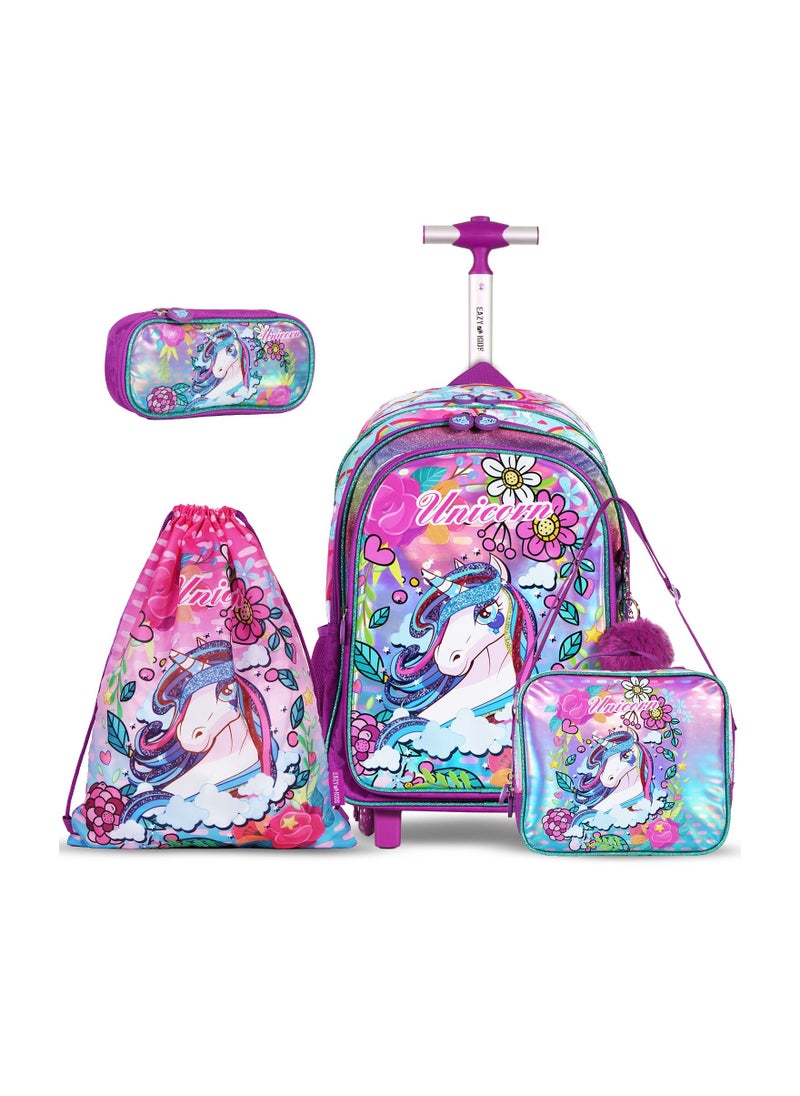 Eazy Kids Back To School - 17" Set of 4 School Bag Lunch Bag Activity Bag & Pencil Case Unicorn - Pink  - Image 1