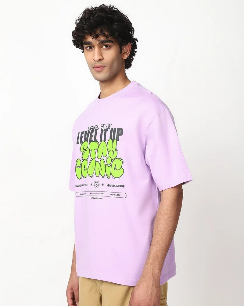 bewakoof Men's Purple Level It Up Stay Iconic Typography Oversized T-shirt