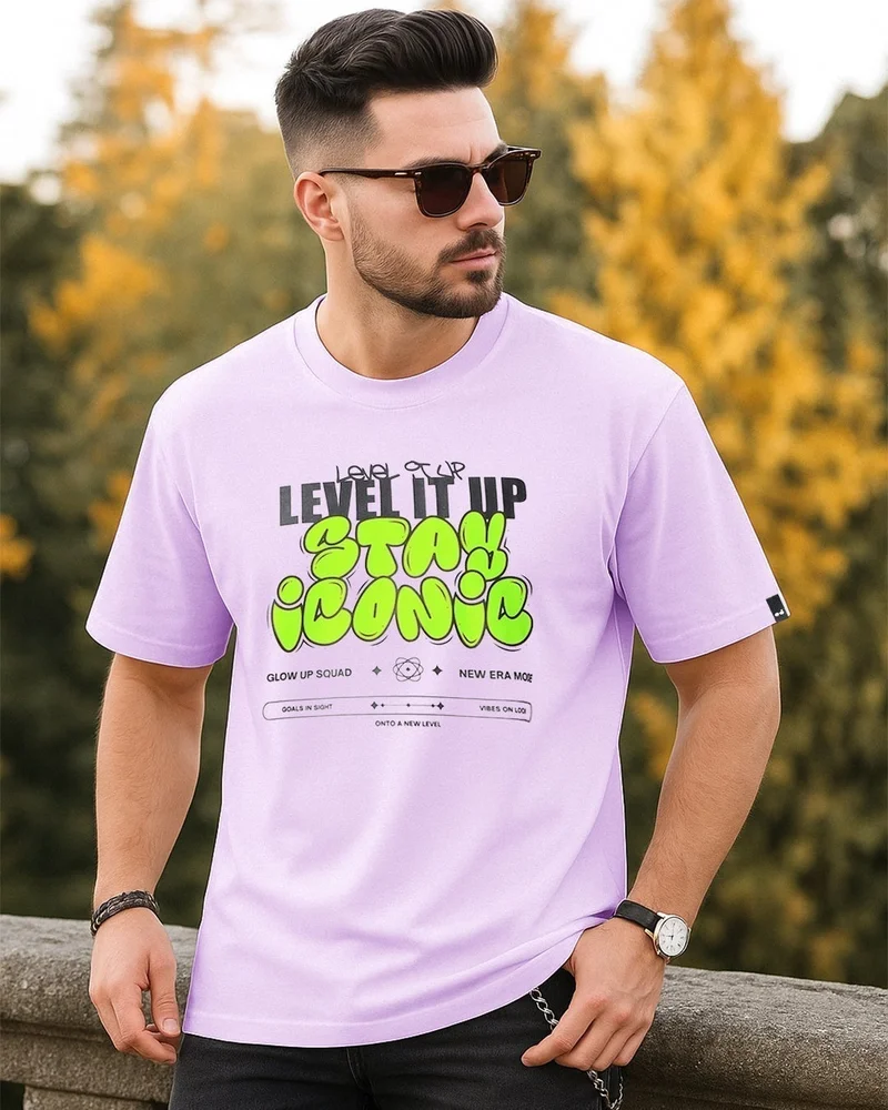 bewakoof Men's Purple Level It Up Stay Iconic Typography Oversized T-shirt
