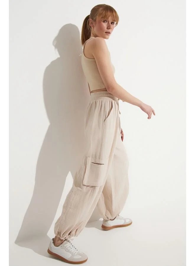 جون June Pocket Detailed Cotton Trouser Stone