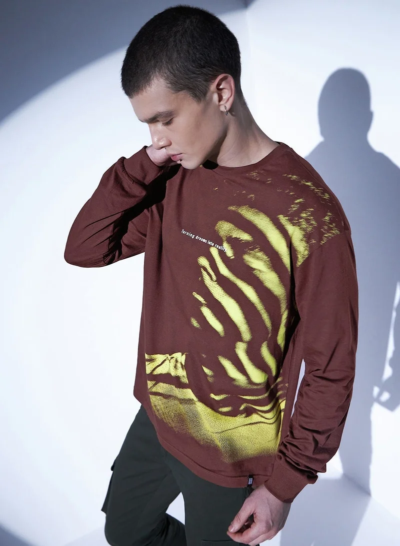 Hubberholme Relaxed Brown T-Shirt for Men, Abstract Print