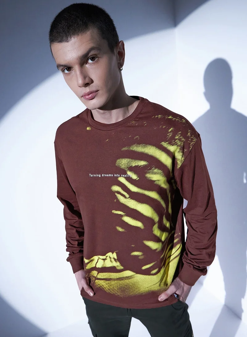 Hubberholme Relaxed Brown T-Shirt for Men, Abstract Print