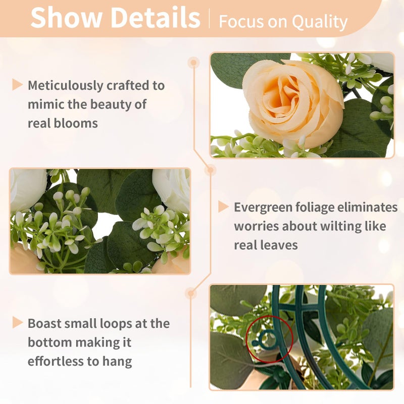 NUPTIO Flower Wedding Centerpieces for Tables: 10 Pcs 14 inch Diam Large Champagne & White Artificial Flowers Fake Roses Candle Rings Wreaths Spring Summer Wreath for Front Door Weddings Party Decor - Image 5