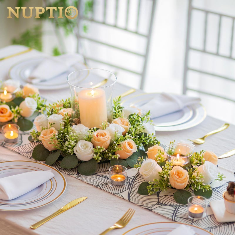 NUPTIO Flower Wedding Centerpieces for Tables: 10 Pcs 14 inch Diam Large Champagne & White Artificial Flowers Fake Roses Candle Rings Wreaths Spring Summer Wreath for Front Door Weddings Party Decor - Image 2