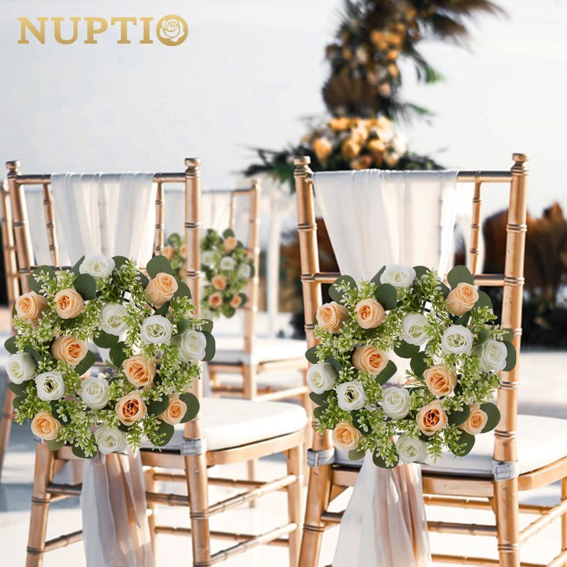 NUPTIO Flower Wedding Centerpieces for Tables: 10 Pcs 14 inch Diam Large Champagne & White Artificial Flowers Fake Roses Candle Rings Wreaths Spring Summer Wreath for Front Door Weddings Party Decor - Image 3