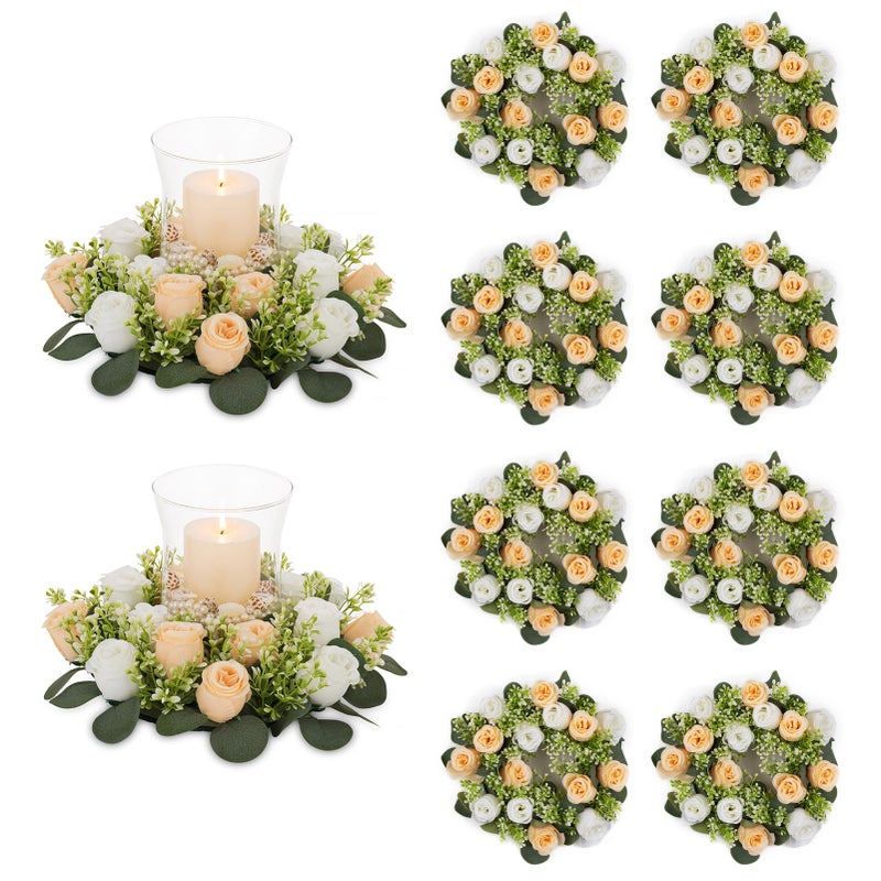 NUPTIO Flower Wedding Centerpieces for Tables: 10 Pcs 14 inch Diam Large Champagne & White Artificial Flowers Fake Roses Candle Rings Wreaths Spring Summer Wreath for Front Door Weddings Party Decor - Image 1