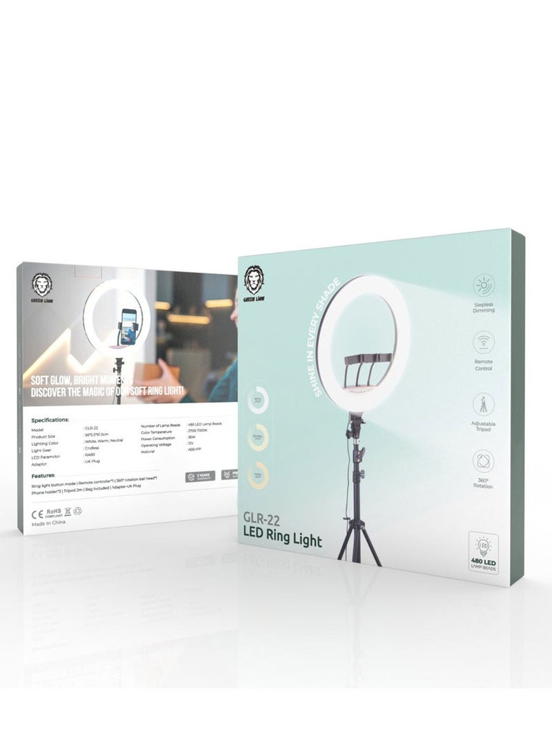 GREEN LION - GLR-22 LED Ring Light (White/Neutral/Warm Light) -Stepless Dimming -Remote Control -Adjustable Tripod -360° Rotation -480 LED Lamp Beads - Image 1