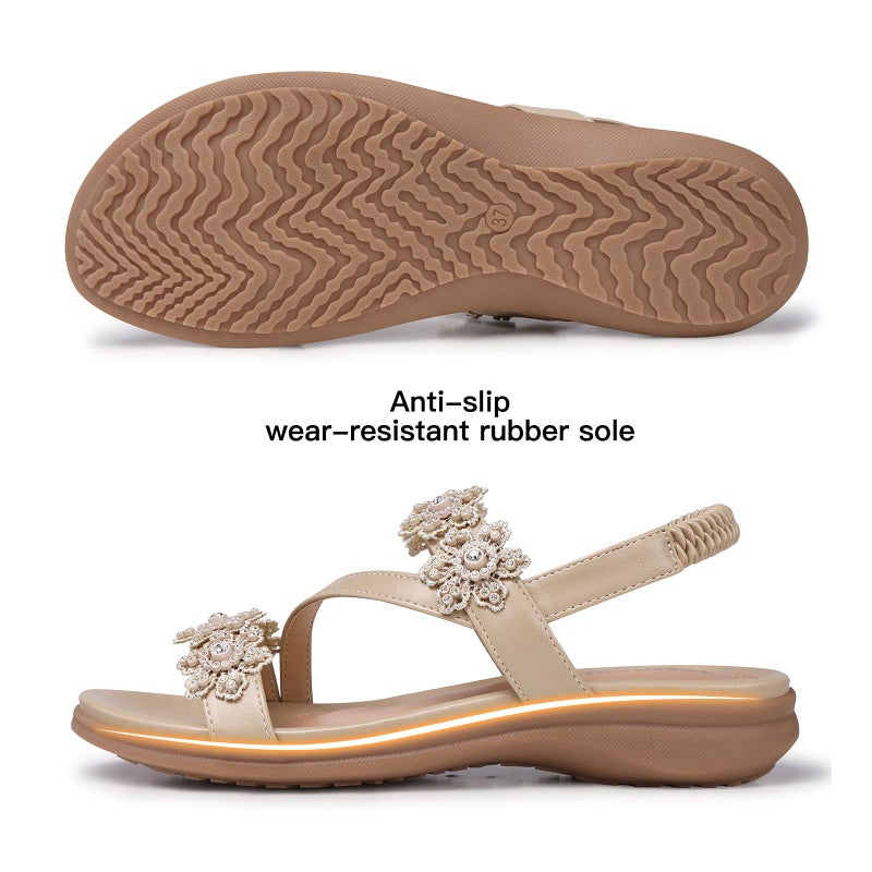 TEMOFON Sandals for Women Flat Dressy Summer Open Toe Sandals Woman Comfortable Walking Casual Beach Shoes Apricot Size 8 - Image 5