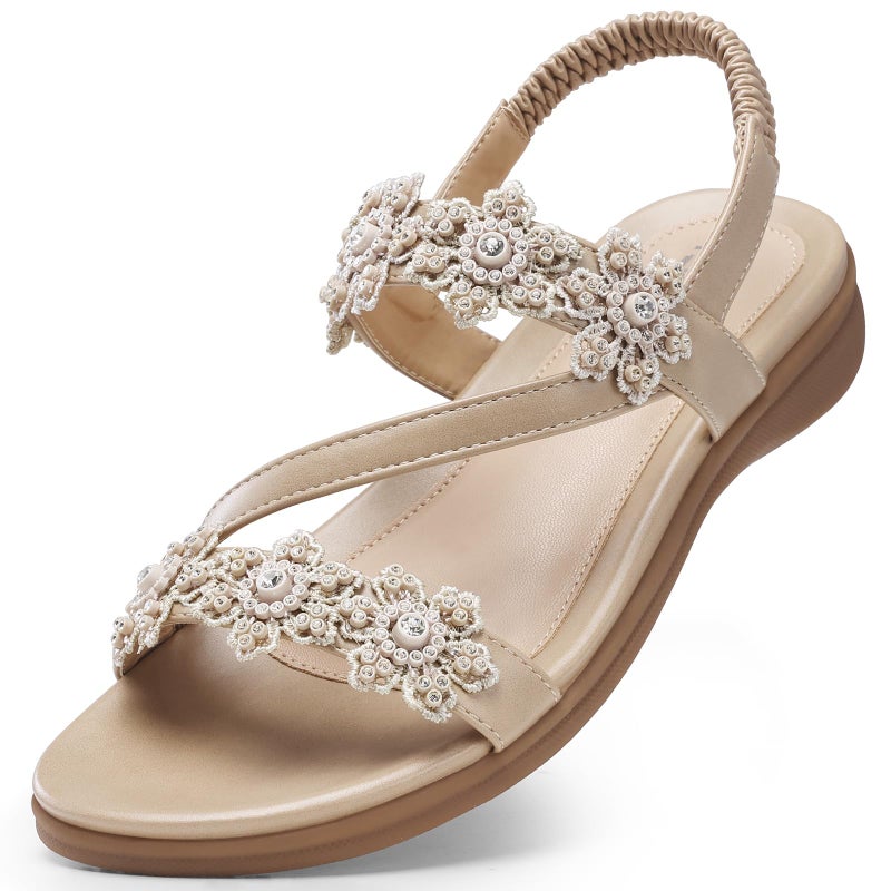 TEMOFON Sandals for Women Flat Dressy Summer Open Toe Sandals Woman Comfortable Walking Casual Beach Shoes Apricot Size 8 - Image 1