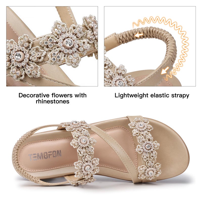 TEMOFON Sandals for Women Flat Dressy Summer Open Toe Sandals Woman Comfortable Walking Casual Beach Shoes Apricot Size 8 - Image 4