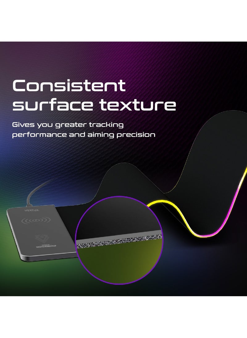 VERTUX 15W Wireless Charging Mouse Pad, Extended Non-Slip Low-Friction Surface Mouse Mat with Built-In Fast Qi Charging Pad, LED Lighting Effects, for Gamers, Smartphones, Home or Office, RaftPad-Qi Black - Image 4
